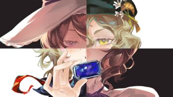 2girls absurdres black_background blonde_hair blue_gem brown_hair brume_(reverse:1999) commentary english_commentary felicienne_(reverse:1999) gem green_hat hand_up hat highres holding holding_gem keroshoku looking_at_viewer multiple_girls newsboy_cap portrait purple_eyes reverse:1999 short_hair split_theme two-tone_background white_background white_hat yellow_eyes