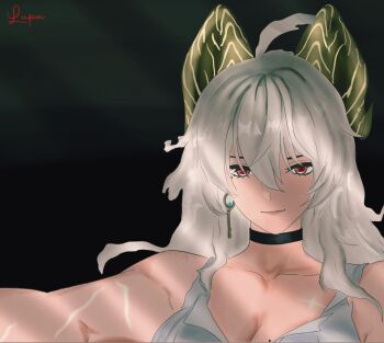 Rule 34 | 1girl, ahoge, artist name, black background, black choker, black horns, breasts, choker, curled horns, derivative work, earrings, grey hair, hair between eyes, highres, horns, jewelry, jujutsu kaisen, key earrings, large breasts, long hair, looking at viewer, mole, mole on breast, mole under eye, red eyes, ribbed shirt, scar, scar on arm, scar on chest, scarletlupa, scene reference, screenshot redraw, shirt, sleeveless, smile, solo, toned, toned female, tsukumo yuki (jujutsu kaisen), upper body, white shirt, wuthering waves, zani (wuthering waves)