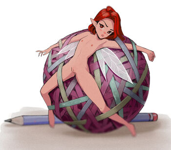 Rule 34 | 1girl, arttheratpist, cleft of venus, commentary, completely nude, english commentary, entangled, fairy, fairy wings, flat chest, full body, highres, looking at viewer, mini person, minigirl, nipples, nude, original, parted lips, pencil, pointy ears, pussy, red eyes, red hair, restrained, simple background, solo, uncensored, wings, yarn, yarn ball