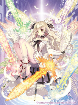 1girl black_choker blonde_hair character_request choker closed_mouth commentary_request copyright_notice dress earrings frilled_choker frilled_dress frills holding holding_sword holding_weapon jewelry long_hair looking_at_viewer madopen official_art smile solo sword very_long_hair weapon white_choker white_dress wixoss yellow_eyes