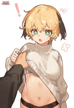 1girl 1other absurdres alternate_breast_size_(larger) bad_link black_panties blonde_hair blush_stickers breasts clothes_lift ebora fate/grand_order fate_(series) gareth_(fate) green_eyes hair_flaps highres large_breasts long_sleeves looking_at_viewer navel open_mouth panties short_hair solo_focus stomach sweater underwear white_sweater
