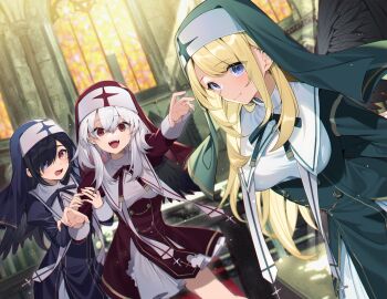 3girls absurdres black_hair blonde_hair blue_eyes blue_veil breasts character_request commentary_request green_veil heterochromia highres looking_at_viewer medium_breasts mishima_kurone multiple_girls nun official_art open_mouth red_eyes red_veil rokudenashi_majutsu_koushi_to_akashic_record second-party_source smile teeth upper_teeth_only veil white_hair