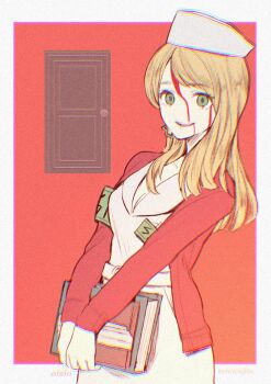 Rule 34 | 1girl, armband, blonde hair, blood, blood from forehead, blood on face, book, border, breasts, cleavage, cow, door, dress, earrings, green armband, green eyes, hat, holding, holding book, jacket, jewelry, lisa garland, long hair, looking at viewer, medium breasts, nurse, nurse cap, oisiso, open mouth, red background, red jacket, silent hill, silent hill (series), smile, solo, swept bangs, v arms, white border, white dress