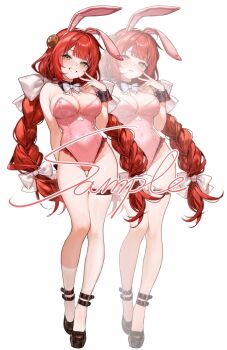 1girl alternate_costume animal_ear_hairband animal_ears ankle_belt arm_behind_back black_shoes bow bowtie braid braided_twintails breasts cleavage commentary_request covered_navel detached_collar different_zoom_layer fake_animal_ears frilled_leotard frills full_body green_eyes grin hair_ribbon hairband half-closed_eyes hearing_aid highres leotard long_hair looking_at_viewer medium_breasts open_mouth pink_leotard playboy_bunny rabbit_ear_hairband rabbit_ears red_hair ribbon sample_watermark shoes simple_background single_sock single_thighhigh smile smilesmile1312 socks solo strapless strapless_leotard thighhighs ukinami_yuzuha watermark white_background white_bow white_bowtie white_ribbon white_socks white_thighhighs wrist_cuffs zenless_zone_zero