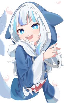 1girl :d absurdres animal_costume animal_hood blue_eyes blue_hoodie blue_streaks blue_tail blunt_bangs bright_pupils commentary cropped_torso dot_nose drawstring ebi-chan_(gawr_gura) fanged_bangs fins fish_tail floating_hair gawr_gura gawr_gura_(1st_costume) gills hand_up head_tilt highres hololive hololive_english hood hood_up hoodie long_hair long_sleeves looking_at_viewer multicolored_hair open_mouth shark_costume shark_girl shark_hood shark_print shark_tail sharp_teeth shrimp sidelocks simple_background sleeves_past_fingers sleeves_past_wrists smile solo streaked_hair tail teeth tsurime two-tone_hair untranslatable_commentary upper_teeth_only v-shaped_eyebrows virtual_youtuber wep16night white_background white_hair