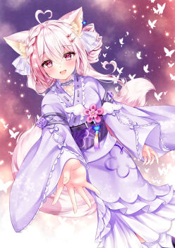 Rule 34 | 1girl, :d, animal, animal ear fluff, animal ears, braid, breasts, bug, butterfly, commission, dutch angle, insect, japanese clothes, kimono, long hair, long sleeves, looking at viewer, multicolored hair, nogi takayoshi, obi, open mouth, original, outstretched arm, pink hair, purple kimono, red eyes, ribbon-trimmed kimono, ribbon trim, sash, skeb commission, sleeves past wrists, small breasts, smile, solo, streaked hair, tail, wide sleeves