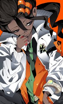 1boy absurdres black_hair closed_mouth collared_shirt cttn1117 dark-skinned_male dark_skin green_necktie highres holding holding_poke_ball jacket long_hair long_sleeves male_focus naveen_(pokemon) necktie nintendo open_clothes open_jacket orange_vest pants poke_ball poke_ball_(basic) pokemon pokemon_legends:_z-a shirt vest white_jacket