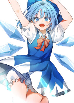 1girl arms_up bare_arms bare_legs bloomers blue_bow blue_dress blue_eyes blue_hair bow bowtie cirno commentary dress fairy highres ice ice_wings looking_at_viewer multiple_wings orange_bow orange_bowtie pinafore_dress puffy_short_sleeves puffy_sleeves sarukana shirt short_sleeves simple_background sleeveless sleeveless_dress smile solo symbol-only_commentary teeth thighs touhou underwear upper_teeth_only white_background white_bloomers white_shirt wings