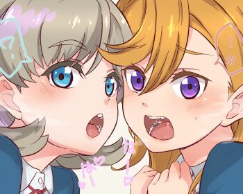 2girls ? blue_eyes blue_jacket blush breasts cavity dental_filling embarrassed glint grey_hair hair_ribbon hands_up heads_together heavy_breathing highres inlay jacket looking_at_viewer love_live! love_live!_superstar!! medium_hair mouth_focus multiple_girls open_mouth orange_hair parallel_fleet portrait purple_eyes raised_inner_eyebrows realistic_teeth red_ribbon ribbon saliva school_uniform shibuya_kanon shirt short_hair small_sweatdrop spoken_blush spoken_question_mark tang_keke teeth white_shirt yuigaoka_school_uniform