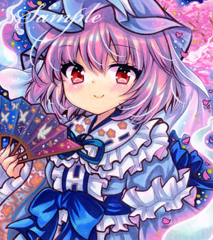 1girl arm_garter blue_bow blue_eyes blue_hat blue_kimono blue_ribbon blue_sash bow center_frills cherry closed_mouth falling_petals floral_print floral_print_kimono folding_fan food frilled_sleeves frills fruit hand_fan hat holding holding_fan japanese_clothes kimono long_sleeves looking_at_viewer marker_(medium) mob_cap neck_ribbon obi petals pink_hair print_kimono red_eyes ribbon rui_(sugar3) saigyouji_yuyuko sample_watermark sash short_hair smile solo touhou traditional_media upper_body veil watermark white_veil