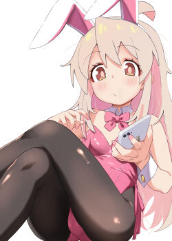 1girl :/ absurdres animal_ear_hairband animal_ears black_pantyhose blonde_hair bow bowtie brown_eyes commentary_request detached_collar expressionless fake_animal_ears hairband highres holding holding_phone leotard looking_at_viewer onii-chan_wa_oshimai! oyama_mahiro pantyhose phone pink_bow pink_bowtie pink_hair pink_leotard pink_nails pink_pupils playboy_bunny rabbit_ears shiina_excel simple_background solo white_background white_wrist_cuffs wrist_cuffs