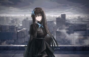 Rule 34 | 1girl, absurdres, arms at sides, arms behind back, artist name, black capelet, black dress, black hair, blurry, blurry background, blush, brown eyes, building, butterfly hair ornament, capelet, chinese commentary, city, cityscape, closed mouth, cloud, cloudy sky, commentary request, cowboy shot, dated, dress, girls' frontline, grey eyes, grey sky, hair between eyes, hair ornament, highres, light particles, light smile, long hair, lunasia (girls' frontline), masako (user thnr3538), muted color, outdoors, overcast, sidelocks, sky, solo, standing, upper body, very long hair
