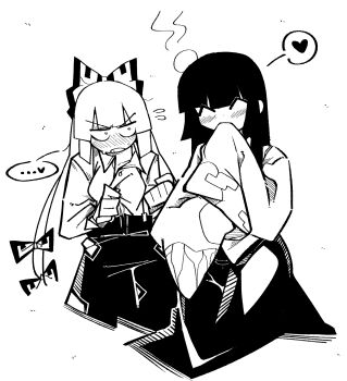 Rule 34 | 2girls, ^ ^, absurdres, blush, closed eyes, collared shirt, commentary, flying sweatdrops, fujiwara no mokou, greyscale, happynalga, head bump, heart, highres, houraisan kaguya, long hair, monochrome, multiple girls, pants, shirt, spoken heart, touhou, yuri