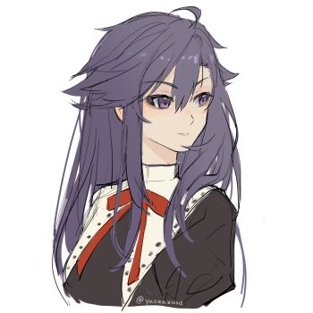 1girl absurdres black_dress closed_mouth commentary_request cropped_shoulders dress eiyuu_densetsu genderswap genderswap_(mtf) guimpe hair_between_eyes highres long_hair neck_ribbon purple_eyes purple_hair rean_schwarzer red_ribbon ribbon school_uniform sen_no_kiseki_(series) simple_background smile solo st._astraia's_school_uniform twitter_username white_background yusaazusa