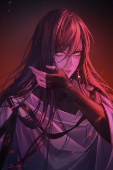 1girl absurdres black_hair chief_(path_to_nowhere) cloak diffraction_spikes earrings embers female_chief_(path_to_nowhere) fingerless_gloves gloves gradient_background grey_eyes hair_between_eyes heibai_bangbing highres jewelry looking_at_viewer messy_hair parted_lips path_to_nowhere red_background signature solo upper_body white_cloak wiping_face