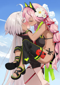 2girls absurdres age_difference ahoge animal_ears bead_necklace beads bikini black_bikini black_jacket black_thighhighs blue_nails blush braid breasts cellphone chloe_von_einzbern chloe_von_einzbern_(swimsuit_avenger)_(second_ascension) choker commentary_request commission commissioner_upload cropped_jacket dark-skinned_female dark_skin detached_leggings fake_animal_ears fate/grand_order fate_(series) flower green_bikini hair_flower hair_ornament highres jacket jeanne_d'arc_alter_(fate) jeanne_d'arc_alter_(swimsuit_berserker)_(fate) jewelry kiss large_breasts leg_lock lilin_(pixiv_25958194) long_hair low_twin_braids multicolored_bikini multiple_girls necklace o-ring o-ring_bikini o-ring_bottom phone pink_hair sandals small_breasts smartphone surprise_kiss surprised swimsuit thighhighs twin_braids two-tone_bikini two-tone_legwear very_long_hair watch white_hair yellow_eyes yuri zipper