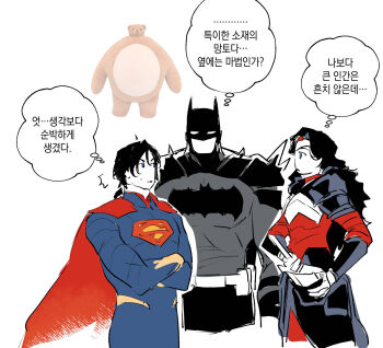 1girl 2boys batman batman_(series) black_hair black_lips blue_eyes bodysuit cape chamsut0905 circlet closed_mouth commentary_request crossed_arms dc_comics floating_clothes floating_hair highres korean_commentary korean_text large_teddy_bear long_hair looking_at_viewer multiple_boys red_cape short_hair speech_bubble superhero_costume superman superman_(series) thought_bubble translation_request white_background wonder_woman wonder_woman_(series)