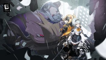 1boy 3girls absurdres anby_demara anby_demara_(silver_soldier) back-to-back black_gloves black_hairband black_hat black_thighhighs blindfold_mask blonde_hair boots breasts dual_wielding fingerless_gloves frown gloves grey_hair hair_ornament hairband hat highres holding holding_sword holding_weapon hugo_vlad key_visual long_hair looking_at_viewer looking_up mask medium_breasts miniskirt multiple_girls official_alternate_costume official_art pleated_skirt pointy_ears ponytail promotional_art puddle rain red_eyes reflection reflective_liquid short_hair short_sleeves skirt smile sword thighhighs third-party_source tiara trigger_(zenless_zone_zero) upside-down vivian_banshee water_drop weapon white_gloves yellow_eyes zenless_zone_zero