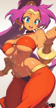 Rule 34 | 1girl, :d, absurdres, arabian clothes, bandeau, bare shoulders, blue eyes, bracer, breasts, choker, cleavage, cowboy shot, dark-skinned female, dark skin, earrings, female focus, gold bracer, gold tiara, hand up, harem outfit, harem pants, high ponytail, highres, hoop earrings, jewelry, large breasts, long hair, mewmaster93, midriff, navel, o-ring, o-ring top, open mouth, pants, pointy ears, ponytail, purple hair, red bandeau, red pants, shantae, shantae (series), simple background, smile, tiara, toned, underboob, very long hair