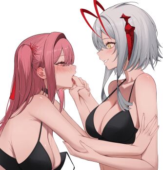 +_+ 2girls absurdres antenna_hair arknights armpits black_bra black_choker blush bra breasts character_request choker cleavage collarbone commentary commission copyright_request drooling english_commentary finger_in_another's_mouth from_side green_hair grin highres horns large_breasts long_hair multicolored_hair multiple_girls nose_blush one_side_up open_mouth parted_lips pink_hair red_eyes red_hair saliva short_hair_with_long_locks sidelocks sideways_mouth smile strap_slip talnory tongue tongue_out two-tone_hair underwear underwear_only w_(arknights) yellow_eyes yuri