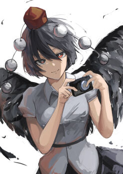 Rule 34 | 1girl, absurdres, baiterux, bird wings, black hair, black skirt, black wings, bob cut, breasts, camera, closed mouth, commentary request, feathered wings, hair between eyes, hands up, hat, highres, holding, holding camera, leaning to the side, light smile, looking at viewer, loose hair strand, medium breasts, pom pom (clothes), red eyes, red hat, shameimaru aya, shirt, short hair, short sleeves, sketch, skirt, smile, solo, taking picture, tokin hat, touhou, two-handed, white background, white shirt, wind, wings
