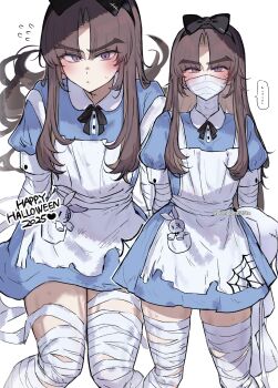 ... 1boy 2025 absurdres ayase_ayato_(imamiya_pinoko) bad_source blush brown_hair closed_mouth crossdressing crossdressing_(mtf) flying_sweatdrops halloween_costume happy_halloween highres imamiya_pinoko looking_at_viewer original parted_bangs puffy_short_sleeves puffy_sleeves purple_eyes short_sleeves simple_background solo speech_bubble spoken_ellipsis sweatdrop trap twitter_username white_background