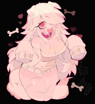 1girl animal_ears breasts cleavage collar commentary covered_navel cowboy_shot english_commentary furrification furry furry_female hair_over_one_eye heart heart-shaped_pupils highres large_breasts long_hair long_sleeves messy_hair minecraft off-shoulder_sweater off_shoulder open_mouth personification pointing pointing_at_self red_collar red_eyes sleeves_past_wrists solo sweater symbol-shaped_pupils usa37107692 white_hair white_sweater wolf_(minecraft) wolf_ears