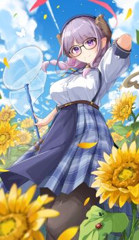 1girl absurdres arm_behind_head beret black_hat black_pantyhose braid breasts brown_horns bug butterfly buttons closed_mouth cloud collared_shirt commentary_request cowboy_shot day demon_horns field flower flower_field foreshortening glasses hand_net hat high-waist_skirt highres holding_net horns insect ladybug large_breasts looking_at_viewer medium_hair mole mole_under_mouth nanashi_inc. outdoors pantyhose plaid_clothes plaid_skirt plant pleated_skirt pointy_ears purple_eyes saionji_mary shirt short_sleeves skirt sky smile solo standing sunflower suspender_skirt suspenders twin_braids uc_curage white_shirt yellow_petals