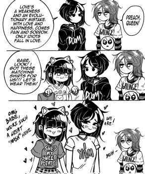 Rule 34 | 3girls, :3, ^ ^, animal ears, closed eyes, clothes writing, commentary, corrupted twitter file, emoji print, english commentary, english text, fake animal ears, grs-, grunge-girl (grs-), highres, holding, holding shirt, holding unworn clothes, hood, hoodie, jitome, layered sleeves, long sleeves, matching outfits, monochrome, multiple girls, original, ponytail, shirt, short hair, short over long sleeves, short sleeves, speech bubble, t-shirt, unworn shirt, yuri