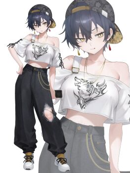 Rule 34 | 1girl, :/, backwards hat, bare shoulders, baseball cap, black hat, black pants, blue hair, breasts, cellphone, chain, closed mouth, collarbone, commentary request, contrapposto, crop top, cross-laced clothes, cross-laced top, crossed bangs, denim, earrings, eyebrow piercing, face piercing, full body, hair between eyes, hand on own hip, hat, highres, holding, holding phone, jeans, jewelry, large breasts, lip piercing, looking at viewer, midriff, mole, mole on collarbone, necklace, off-shoulder shirt, off shoulder, original, pants, phone, piercing, ravukurahuto 2d, shirt, shoes, short hair, single strap, smartphone, smile, sneakers, standing, teardrop earrings, torn clothes, torn jeans, torn pants, v-shaped eyebrows, white shirt, white shoes, yellow eyes, zoom layer