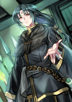 1boy absurdres bishounen blurry blurry_background candle closed_mouth commentary_request facial_mark fire_emblem fire_emblem:_path_of_radiance forehead_mark highres indoors long_hair looking_at_viewer male_focus nintendo polearm red_eyes solo soren_(fire_emblem) togo2828 variant_set weapon