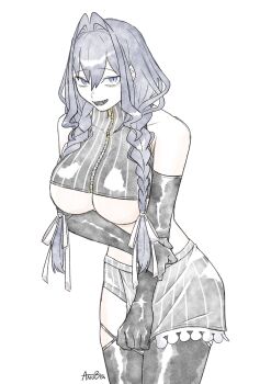 Rule 34 | 1girl, bare shoulders, biscuitaart, black gloves, black thighhighs, blue eyes, blue hair, bow, braid, breasts, cleavage, elbow gloves, fangs, gloves, hair bow, hair intakes, highres, hololive, hololive english, large breasts, leaning forward, long hair, looking at viewer, miniskirt, open mouth, ouro kronii, shirt, skirt, smile, solo, thighhighs, twin braids, underboob, upper body, virtual youtuber, white background, zipper