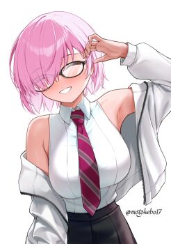 1girl bare_shoulders black_skirt blush breasts closed_eyes collared_shirt commentary_request cropped_jacket fate/grand_order fate_(series) glasses grin hair_over_one_eye highres jacket large_breasts long_sleeves mash_kyrielight motokebo17 necktie off_shoulder pink_hair shirt short_hair skirt sleeveless sleeveless_shirt smile white_jacket white_shirt