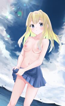 1girl blue_eyes blue_skirt blue_sky blush breasts cleft_of_venus closed_mouth cloud cloudy_sky collarbone commentary_request cowboy_shot day double-parted_bangs exhibitionism floating_hair frown green_hair highres horizon lens_flare long_hair looking_at_viewer medium_breasts naked_skirt navel nipples no_shirt ocean original outdoors pleated_skirt public_indecency pussy sideways_glance skirt sky solo standing stomach straight_hair topless_female uncensored user_xxxa2348 variant_set water_drop wringing_clothes wringing_skirt