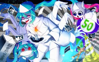 Rule 34 | 3girls, aimaina, aqua hair, bar censor, censored, colored skin, doushite-chan, ghost, hatsune miku, highres, japanese clothes, kimono, long hair, looking at viewer, low twintails, multiple girls, obake no ukenerai (vocaloid), obi, pink eyes, sash, shiroshouzoku, solo, tentecomai, translated, triangular headpiece, twintails, very long hair, vocaloid