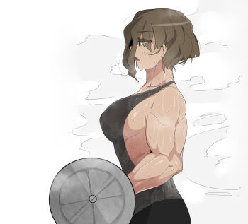 1girl barbell biceps breasts brown_eyes brown_hair covered_erect_nipples exercising eyes_visible_through_hair geumgang_(odd_snail) highres muscular muscular_female oddsnail open_mouth original short_hair sideboob solo steaming_body sweat sweaty_clothes tank_top wet wet_clothes white_background