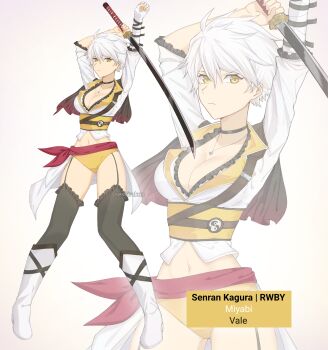 1girl bandaged_arm bandages black_capelet black_thighhighs boots breasts capelet cleavage commentary cowboy_shot cropped_jacket english_commentary expressionless eyelashes frilled_thigh_strap full_body garter_straps highres holding holding_sword holding_weapon jacket jewelry katana knee_boots large_breasts looking_at_viewer messy_hair midriff miyabi_(senran_kagura) multicolored_jacket navel necklace panties partially_open_jacket red_sash sash senran_kagura seshirukun short_hair sidelocks simple_background solo sword thigh_strap thighhighs three-quarter_sleeves two-tone_jacket underwear weapon white_background white_boots white_hair white_jacket yellow_eyes yellow_jacket yellow_panties