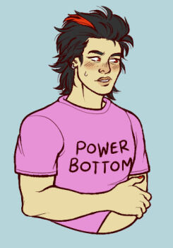 Rule 34 | 1boy, black hair, blush, embarrassed, humanization, kamen rider, kamen rider den-o (series), male focus, momotaros, muscular, muscular male, nail polish, nogami ryoutarou, novelty clothing, pink t-shirt, possessed, possession, power bottom, red eyes, red streaks, shirt, sweat, sweatdrop, t-shirt, tajadors