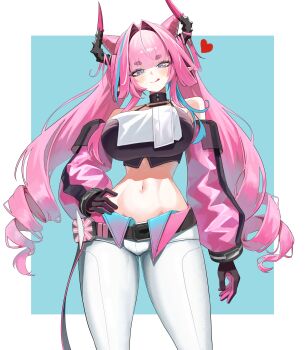 Rule 34 | 1girl, absurdres, arknights, arknights: endfield, bare shoulders, black gloves, blue eyes, blue hair, breasts, detached sleeves, dolgom, dragon girl, dragon horns, dragon tail, gloves, heart, highres, horns, large breasts, licking lips, long hair, looking at viewer, midriff, pants, pink gloves, pink hair, pointy ears, smile, solo, tail, tongue, tongue out, twintails, white pants, yvonne (arknights)