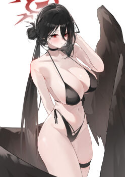 Rule 34 | 1girl, absurdres, arm behind back, bare shoulders, bikini, black bikini, black choker, black hair, black wings, blue archive, breasts, choker, cleavage, commentary, feathered wings, hair between eyes, hair bun, halo, hasumi (blue archive), hasumi (swimsuit) (blue archive), highres, huge breasts, leo795, long hair, looking at viewer, low wings, navel, official alternate costume, official alternate hairstyle, red eyes, red halo, side-tie bikini bottom, simple background, solo, stomach, swimsuit, white background, wings