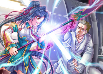 1boy 1girl absurdres animification artist_name bandaged_hand blue_hair brown_eyes brown_hair crossover detached_sleeves dress energy_sword green_dress halberd highres kan&#039;u_(koihime_musou) koihime_musou light lightsaber long_hair lucasfilm necktie obi-wan_kenobi polearm ponytail robe songwut_ouppakarndee star_wars star_wars:_the_phantom_menace sword thighhighs very_long_hair weapon