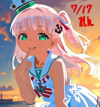 1girl anchor_hair_ornament anchor_necklace artist_name backlighting blunt_bangs cloud dated dress finger_to_mouth gradient_sky green_eyes grey_hair hair_ornament hashtag-only_commentary jewelry kantai_collection long_hair looking_at_viewer low-cut_armhole maestrale_(kancolle) neckerchief necklace one-hour_drawing_challenge one_side_up open_mouth orange_sky outdoors ren_(pawer1945) sailor_dress scenery sky sleeveless sleeveless_dress smile striped_neckerchief sun sunset upper_body white_dress