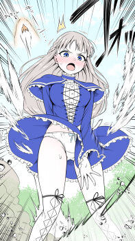 1girl ^^^ bird blue_capelet blue_dress blue_eyes blush braid breasts capelet commentary commission cross-laced_clothes cross-laced_dress d: day dress dust_cloud embarrassed emphasis_lines feet_out_of_frame frilled_capelet frilled_dress frilled_sleeves frills gloves grey_hair highres kneehighs kyouka_asuka lawine_(sousou_no_frieren) long_hair long_sleeves looking_down medium_breasts open_mouth outdoors panties pantyshot side_braid skeb_commission socks solo sound_effects sousou_no_frieren standing sweatdrop translated underwear v-shaped_eyebrows white_gloves white_panties white_socks wind wind_lift