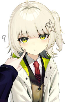 1girl ? absurdres ahoge arknights brown_vest buttons closed_mouth commentary finger_to_another&#039;s_cheek green_eyes hair_ornament highres jacket light_blush long_sleeves looking_at_viewer necktie one_side_up open_clothes open_jacket penguin4 pov pov_hands red_necktie scene_(arknights) shirt short_hair simple_background solo_focus vest white_background white_hair white_jacket white_shirt