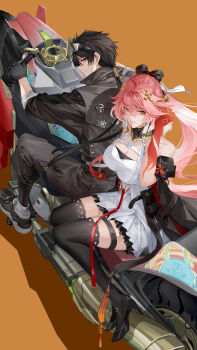 1boy 1girl absurdres bare_shoulders bilingual_commentary black_bow black_collar black_gloves black_hair black_jacket black_pants black_shoes black_thighhighs bow braid breasts changli_(wuthering_waves) chinese_commentary cleavage closed_mouth collar colored_extremities commentary detached_hair dress english_commentary gloves hair_between_eyes hair_bow hair_extensions hair_ornament hand_up high_heels highres jacket large_breasts male_rover_(wuthering_waves) mixed-language_commentary motor_vehicle motorcycle multicolored_hair multiple_riders orange_eyes pants pink_hair ponytail red_hands riding ring_hair_extensions rover_(wuthering_waves) ruoruoqiu shoes smile thigh_strap thighhighs twin_braids two-tone_hair white_dress white_hair wuthering_waves yellow_eyes