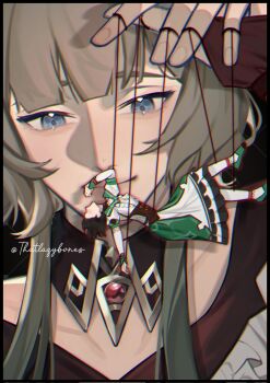 1girl artist_name black_hair blue_eyes brown_hair chromatic_aberration closed_mouth commentary dress english_commentary genshin_impact green_dress green_shoes hand_up highres katheryne_(genshin_impact) long_hair marionette puppet puppet_strings sandrone_(genshin_impact) shoes short_hair smile solo thatlazybones upper_body