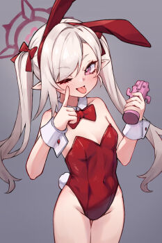 1girl alternate_costume alternate_hairstyle animal_ear_hairband animal_ears blue_archive blush bow bowtie breasts closed_mouth commentary detached_collar fake_animal_ears fake_tail grey_background grey_hair groin hair_bow hairband halo haniwa_(statue) highleg highleg_leotard highres holding leotard long_hair looking_at_viewer miya_(miyaruta) mutsuki_(blue_archive) one_eye_closed pink_eyes playboy_bunny pointy_ears purple_eyes purple_halo rabbit_ear_hairband rabbit_ears rabbit_tail red_bow red_bowtie red_leotard simple_background small_breasts solo strapless strapless_leotard tail tongue tongue_out twintails white_wrist_cuffs wrist_cuffs