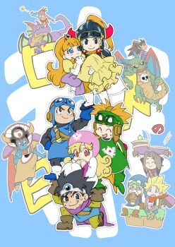 Rule 34 | 2girls, 6+boys, ancestor and descendant, aqua skin, armor, black eyes, black hair, blonde hair, blue eyes, blue gloves, blue hat, blue tunic, blunt bangs, brown hair, cape, carrying, chibi, colored skin, commentary request, cousins, covering own mouth, curly hair, dark-skinned male, dark skin, dragon, dragon lord, dragon quest, dragon quest builders, dragon quest builders 2, dragon quest i, dragon quest ii, dragon quest iii, dragon quest xi, dress, drink, dual persona, extra arms, fake horns, fins, gloves, goggles, goggles on headwear, green scales, green tabard, hammer, hand on own cheek, hand on own face, hat, head fins, helmet, hero (dq1), hero (dq11), hero (dq3), highres, holding, holding drink, holding hammer, horned helmet, horns, in-franchise crossover, jewelry, long hair, low ponytail, male builder (dqb), male builder (dqb2), medium hair, monster, monster boy, multiple boys, multiple girls, muscular, muscular male, nagaremono, necklace, on one knee, orange eyes, orange hair, orange robe, own hands together, pointy ears, ponytail, prince of lorasia, prince of samantoria, princess carry, princess laura, princess of moonbrook, purple cape, purple scales, robe, roto (dq3), short hair, sidoh, sidoh (dqb2), single tear, skull necklace, spiked hair, sweatdrop, tabard, third eye, thumbs up, tiara, tunic, white gloves, white robe, yellow dress, zoma