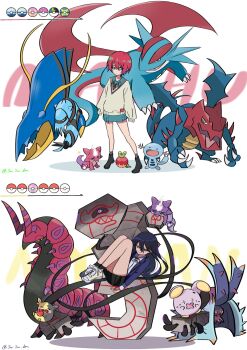 2girls alternate_color amate_yuzuriha applin aqua_eyes aqua_shirt aqua_skirt black_hair clawitzer claws closed_eyes closed_mouth collared_shirt crossover dive_ball dragon druddigon gen_2_pokemon gen_3_pokemon gen_5_pokemon gen_6_pokemon gen_7_pokemon gen_8_pokemon gundam gundam_gquuuuuux hasu_175 heal_ball highres holding jacket long_hair long_sleeves looking_at_viewer love_ball moon_ball morpeko morpeko_(full) multiple_girls necktie nintendo nyaan_(gundam_gquuuuuux) open_mouth poke_ball poke_ball_(basic) pokemon pokemon_(creature) premier_ball quick_ball red_hair runerigus salamence school_uniform scolipede shiny_pokemon shirt short_hair skirt smile sweater toxapex toxel whismur white_background wings wooper yellow_eyes