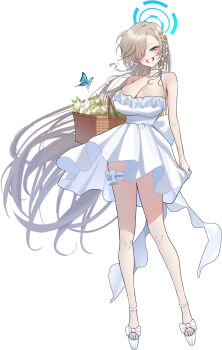 1girl asuna_(blue_archive) asymmetrical_bangs basket blonde_hair blue_archive blue_butterfly blue_eyes blue_halo blue_nails blush bow breasts bug butterfly choker cleavage commentary_request dress grin hair_over_one_eye halo high_heels highres holding holding_basket insect large_breasts long_hair looking_at_viewer mango_(mango0208) mole mole_on_breast nail_polish ribbon simple_background smile solo thigh_strap toenail_polish toenails white_background white_bow white_choker white_dress white_ribbon